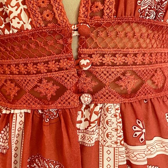 Blu Ivy Duster Kimono MED Rust White Asian Inspired Print Lace Button Waist Boho - Picture 8 of 11